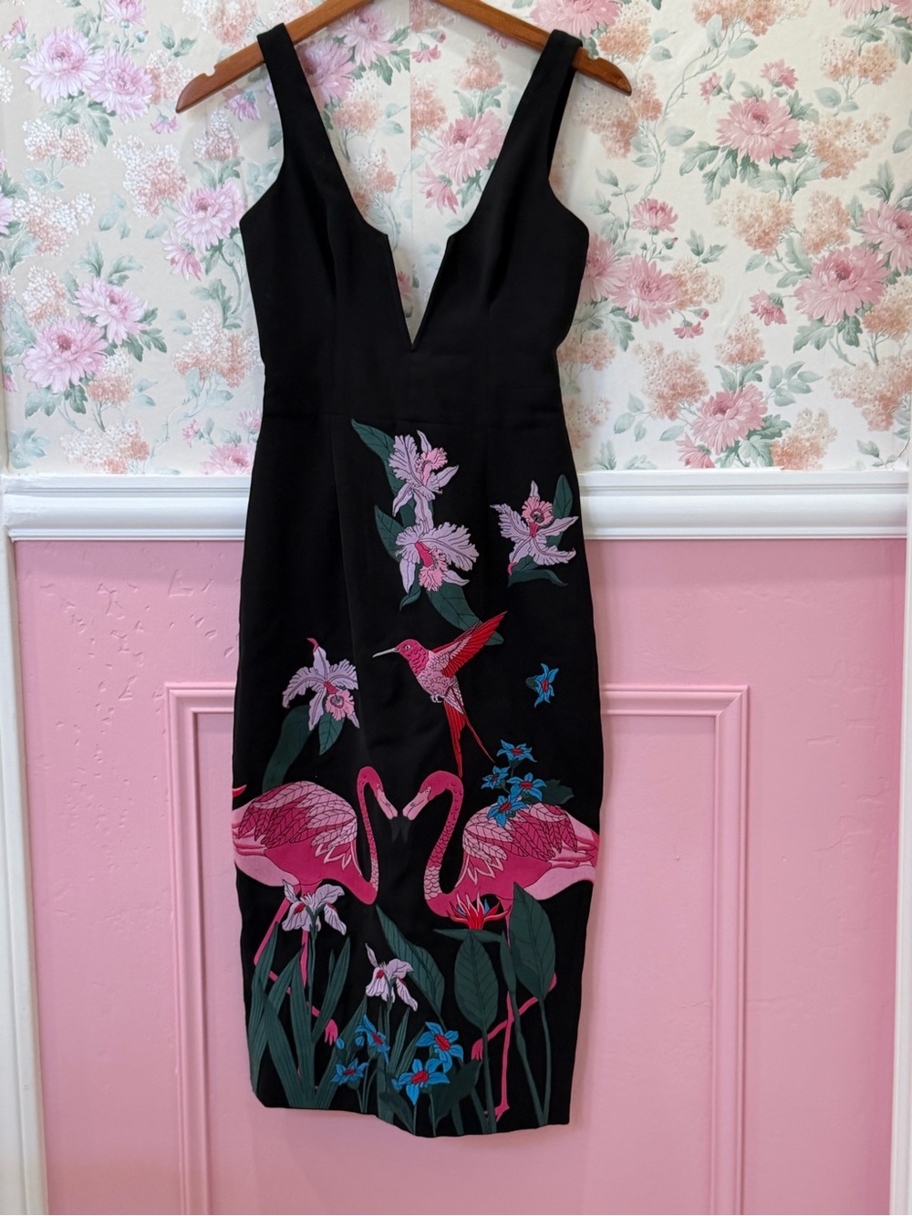 House of CB Black Midi Dress with Pink Flamingo & Red Hummingbird Embroidery